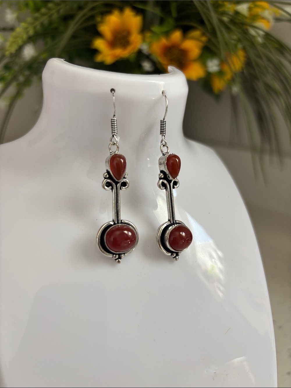 Silver Red Carnelian Gemstone Drop Dangle Earrings - Picture 2 of 8